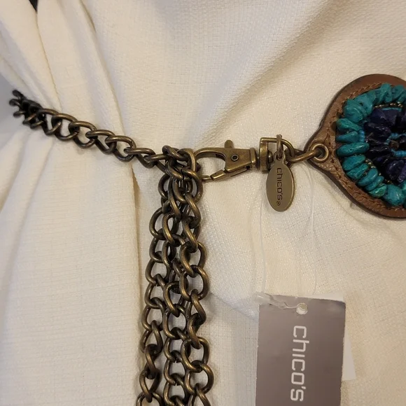 Chico's Leather Bronze Hip Belt Torquoise Teal Blue Stones Chain Concho Boho Y2K - Picture 4 of 7